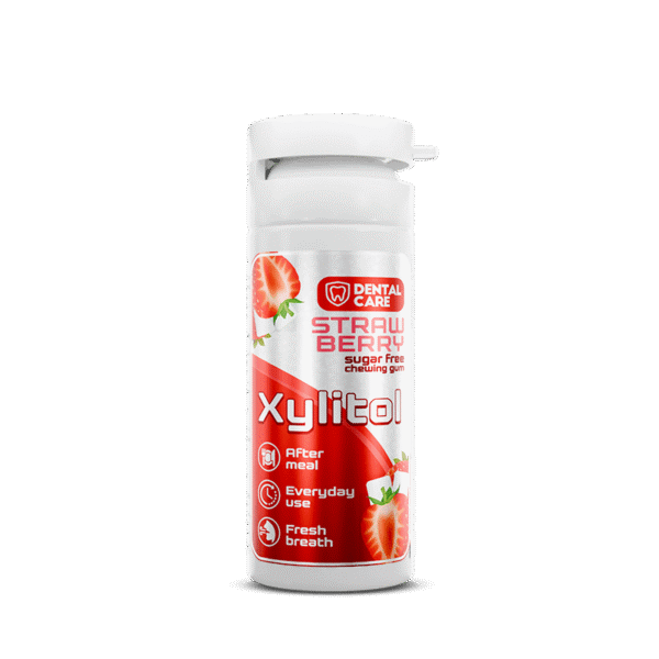 Dental Care Xylitol becukrė kramtomoji guma su ksilitoliu braškių skonio, 20 vnt.